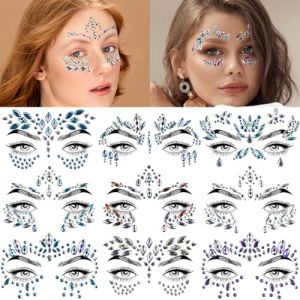 Visage Pierres précieuses autocollantes, 12 ensembles de face Glitter Jewels Rhinestones autocollants pour les femmes sirène fée accessoires de maquillage, autocollants de tatouage visageaccessoires (EMOME-EU, neuf)