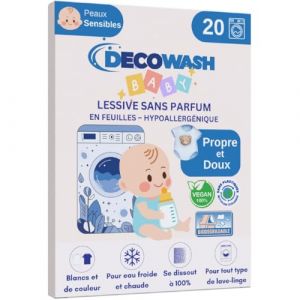 Lessive en Feuilles pour Bébé (40 Lavages) – Lessive Sans Parfum, Lessive Hypoallergénique, Lessive Écologique, 100% Biodégradable et Végan. Nettoyage Doux pour Peaux Sensibles. Sans Plastique. (DECOWASH, neuf)
