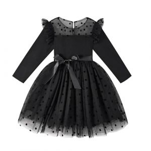 Miipat Fille Robe Tulle Manches Longues Robes Petite Filles Princesse Enfants Jupe &agrave; Points de Polka pour F&ecirc;te Anniversaire Festival de Mariage (Noir 90 2-3 Ans) (Miipat, neuf)