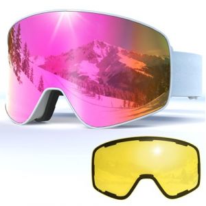 Masque de Ski avec Magn&eacute;tique Lentille Interchangeable,YH212 Lunettes de Ski OTG pour Unisexes Ajustables Anti-UV Coupe-Vent Anti Bu&eacute;e Lunettes de Snowboard pour Ski (04-REVO Rose/Blanc + Lentille) (Masontex Motor Gear, neuf)