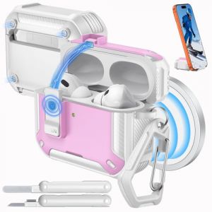 MoKo &Eacute;tui pour AirPods Pro 3 avec Verrouillage 2025 - Compatible avec MagSafe, Support de T&eacute;l&eacute;phone&zwnj; & Pop-up Auto pour &Eacute;tui AirPod Pro 3e G&eacute;n, Coque de Protection avec Kit de Nettoyage, Blanc + Rose (Fengchidianzi, neuf)
