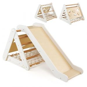 GOPLUS Triangle d’Escalade Montessori Enfants avec Filet à Grimper, Planche et Échelle,Pierres avec Toboggan, Charge 50KG,Aire de Jeux Intérieur pour Bébé 1 an+(Naturel, Blanc) (Augenstern24, neuf)