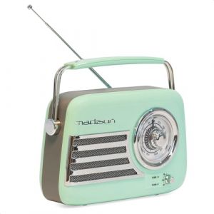 Madison - FREESOUND-VR40GR - Radio vintage 30W sur batterie longue autonomie - Bluetooth, USB & FM - Vert pâle - Vintage, nostalgie, rétro (Starmix, neuf)