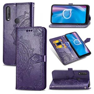 XFDSFDL® Cas de pour Alcatel 1S 5028D 2020 (6,22 Pouces) PU Cuir Housse Flip Coque Gaufrage Mandala Motif avec Stand Magnétique Fermeture Portefeuille Étui de Protection, Pourpre (LingDan, neuf)