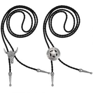 JJUNW 2 pi&egrave;ces cravate bolo, bolo tie, costume de cowboy hommes tenue western hommes cowboy cravate collier lariat noir cuir pendentif rod&eacute;o pour femmes et hommes (clove lilac, neuf)