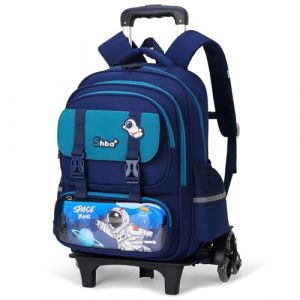 Tanou Sac à dos à roulettes pour enfant - Cartable amovible - Trolley pour garçons de 6 à 10 ans - Sac à dos astronaute sur roulettes - Chariot d'école pour garçons, Bleu marine/vert (Tanou Bagages, neuf)