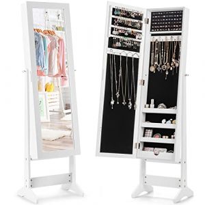 RELAX4LIFE Armoire à Bijoux sur Pieds avec Miroir Pleine Longueur HD 4 Angles Réglables, Armoire à Bijoux avec Grand Espace de Rangement pour Chambre, Vestiaire, Salle de Bain (Blanc) (RELAX4LIFE, neuf)