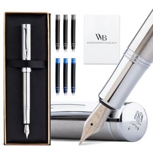 Wordsworth and Black Fountain Pen Mini EDC Stylo de Poche Argent, Chrome, Plume Moyenne, 6 Cartouches d’Encre, Convertisseur d’Encre, Coffret Cadeau Stylo Rechargeable, Hommes & Femmes (Wordsworth & Bläck, neuf)