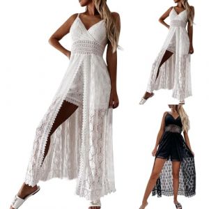 Générique Robe Longue Femme Ete Boheme Chic et Elegant Robe de Plage Dentelle Combinaison Sexy Col en V Ajouré Bretelles Spaghetti Dos Nu Legere Fluide, Blanc, XL (Zawalud, neuf)