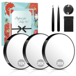 MIYADIVA Miroir Grossissant Ensemble, 10x&20x&30x Miroir de Maquillage avec Ventouse, 9cm Miroirs, avec 2 Pincettes et Sac de Rangement, Idéal pour Les Voyages, la Salle de Bain, Cadeau pour Femme (VIEW Store, neuf)