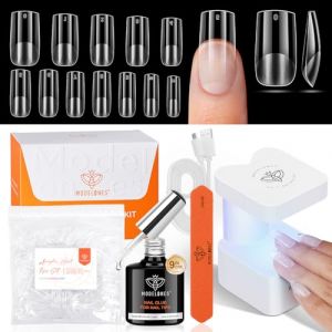modelones Capsule Americaine Ongle Kit, 216pcs Faux Ongles Medium Carr&eacute;s Courts 12 Tailles, Mini Lampe Uv und 9 in On Nail Glue, Pose Americaine Ongle Kit pour l'Extension des Ongles Cadeau Salon (MJ BEAUTY, neuf)