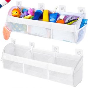 Rangement Jouet Bain Baignoire Salle de bain Blanc ✮MARQUE FRANCAISE✮ Filet Jouet Bain Bebe ✯GARANTIE &Agrave; VIE✯ 3 Compartiments Sac Panier Bac Rangement Baignoire Toys Baby Ranger Gel Douche Shampoing (Frenchies Seller, neuf)