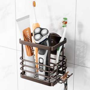 TAILI Support de Brosse &agrave; Dents &agrave; Ventouse, Tenue Max 5 KG, Support de Rasoir de Douche en Acier Inoxydable avec Crochets, Anti-flaque, sans per&ccedil;age, Organiseur Amovible pour Salle de Bain, Marron (TAILI Store, neuf)