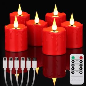 yunsheng Lot de 6 bougies chauffe-plat LED rechargeables sans flamme avec télécommande et minuterie 4/6 H, bougies LED rechargeables étanches, 5,1 x 7,6 cm, bougies votives vacillantes, rouge, type C, (Veenson, neuf)