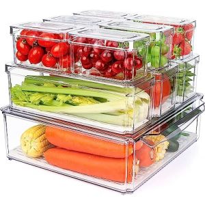 KAHEIGN 10 Pi&egrave;ces Organisateurs de R&eacute;frig&eacute;rateur, 3 Tailles Bac de Rangement Empilable Transparent R&eacute;cipient en Plastique Sans BPA pour Cuisine Armoires R&eacute;frig&eacute;rateur Stockage Fruits L&eacute;gumes C&eacute;r&eacute;ales (KAHEIGN-EU, neuf)