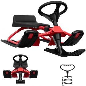 Laneetal Luge Enfant, Luge Bob, Luge avec Volant, Frein et Amortisseur de Choc, Siège Plastique avec Dossier, Cadre en Acier, Corde de Traction, Noir+Rouge (cg_europa, neuf)