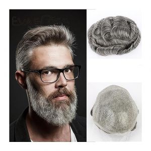 Perruque de couverture de calvitie Système européen de cheveux humains Postiche for hommes Peau mince PU avec cheveux gris Hommes Toupet Prothèse capillaire masculine Vague naturelle Toupee for hommes (zhenshanyi, neuf)