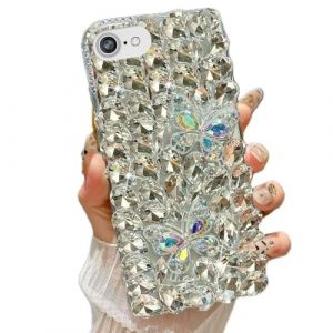 Rnrieyta Miagon Coque Papillon Diamant pour iPhone 8/7/SE 2020/2022/2023,Strass Glitter 3D Fait à la Main Bling Brillant Paillette Silicone Étui Housse Couverture pour Femme Fille (Miagon, neuf)
