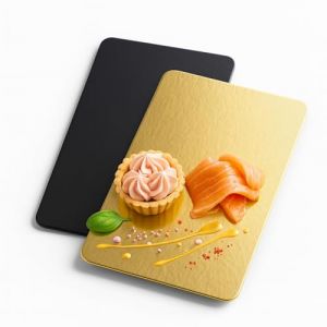 Lot de 25 Supports &agrave; G&acirc;teaux Rectangulaires| 20x10 cm| Noir et Dore | Carton R&eacute;versible | Socle G&acirc;teau Parfaites pour P&acirc;tisserie | Tarte et Biscuits | Planche a Saumon | a Mettre sous Vide (LD3W, neuf)