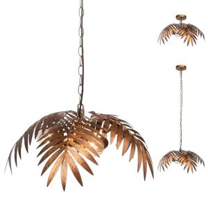 JCPYIUL Lustre Industriel Doré, Luminaire Plafonnier Suspendu Vintage Reglable Hauteur, Luminaire Plafonnier Art Deco Conception de Feuilles de Coco Tropicales-E27x3（Ampoules non incluses） (CZJKJ, neuf)