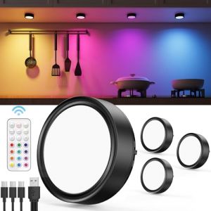 Spot LED Couleur Sans Fil Rechargeable USB? Batterie de 1600mAh Lampe de Placard RGB avec Telecommande Éclairage Vitrine LED Noir Lumiere Cuisine Sous Meuble Autocollant Lampe Sous Etagère à Piles (YKH-EU, neuf)