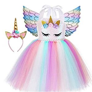 Sincere Party Robe tutu en tulle licorne pour filles Robe d'anniversaire licorne moelleuse rose avec bandeau et ailes 6-7 ans (SP Funworld, neuf)