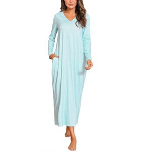 Sykooria Chemise de Nuit Femme Longue Chemise de Nuit Femme Hiver Robe de Nuit Femme Coton Chemise de Nuit Manche Longue avec Poche Peignoir de Bain Taille Grande Imprimé Bleu M (CHONGREN-EU, neuf)