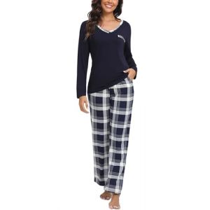 Yukiuiny Pyjama Femme Long Coton Ensemble Vêtement d'Intérieur Tee Shirt Vêtement de Nuit Carreaux Plaid Manches Longues Col V Pantalons de Pyjama Printemps Douce Confortable A-Bleu Marine+Carreaux M (Yukiuiny, neuf)