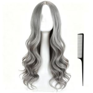 Perruque grise femme 70cm longue ondul&eacute;e r&eacute;sistante &agrave; la chaleur Style cosplay perruque grise avec raie centrale naturelle Avec peigne queue noir 701 pour usage quotidien et f&ecirc;te (fanyingze, neuf)