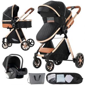 Nine point nine Poussette 3 en 1, Poussette Bebe avec Double Modes de Poussée Réversibles, Poussette Canne avec Grande Nacelle Confortable, Pousette avec Cadre Aluminium Haute Paysage (V9 Black) (Kaiwen baby products, neuf)