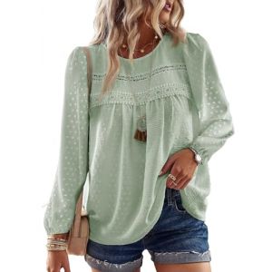 TUUHAW Chemise Femme Chic et &Eacute;l&eacute;gant Automne Grande Taille Manches Longues Boh&egrave;me Top Col Rond Dentelle D&eacute;contract&eacute; Haut T-Shirts Fluide &agrave; Point Suisse Tunique Vert Menthe XXL (TROFANO, neuf)