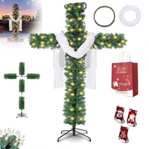 Sapin De Noel en Forme De Croix, Sapin Croix, Sapin De Noel, Croix De Noël De Pin Artificiel Pré-Lit De 1,5/1,8 M, avec Écharpe De Soie Et Bague De Rattan en Bois (1.8M) (Shuqam, neuf)