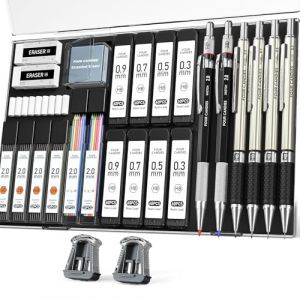 Four Candies Ensemble de 27 crayons mécaniques pour art avec étui, 4 crayons de dessin métalliques 0,3, 0,5, 0,7, 0,9 mm & 2 porte-mines 2 mm (HB 2H 2B 4B couleur) avec 552 recharges de plomb graphite (Four Candies, neuf)