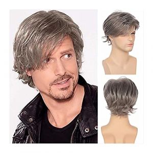 High-Quality Men's Wig, Perruque courte bouclée for homme gris bouclés couches hommes perruque avec frange courte perruque de cheveux synthétiques perruques de fibres naturelles résistantes à la chale (WangCaiXia SHOP, neuf)