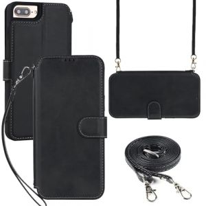 ELTEKER Coque pour iPhone 7 Plus/8 Plus avec Cordon Colier - Etui iPhone 7 Plus/8 Plus Portefeuille avec Porte Carte - Housse en Cuir, Etui &agrave; Rabat, Pochette de Portefeuille - Noir (ELTEKER, neuf)