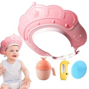 Chapeau de shampoing pour, bonnet de douche pour - Visière de bain avec jauge de température de l'eau et tasse à shampoing - Bonnet de shampoing avec brosse à shampoing, protège les oreilles (fiutant, neuf)