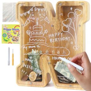 Lakpopya Tirelire en Bois Grande pour Enfant Adulte Tirelire Cochon Personnalisée de Lettres A-Z avec Zone Cible Tirelire Billet Transparente Créative pour Cadeau Décoration Baptême (N) (Never fail, neuf)
