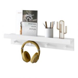 WOLTU &Eacute;tag&egrave;re Murale avec 4 Crochets, Porte Manteau Mural avec Tablette, Pat&egrave;re Murale avec &Eacute;tag&egrave;re, Tablette Murale pour Entr&eacute;e, Salon, Chambre, Cuisine, en MDF, Blanc, RG9510ws (WOLTU GmbH, neuf)