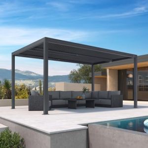 PURPLE LEAF Pergola Bioclimatique 4,8 x 3 m Pergola Aluminium avec Stores Enrouleurs des Deux Côtés Tonnelle de Jardin Lames Orientables Pergola Jardin Extérieur, 1 Côté Long et 1 Côté Court, Gris (PURPLE LEAF, neuf)