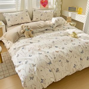 Freyamy Housse de Couette Papillon 140x200 Beige Kaki Floral Parure de lit Adulte avec Fermeture &Eacute;clair Sets de Housse Couette Fleurie en Microfibre avec Une Taie d'oreiller 65 x 65 Filles Enfant (Mitchell'SZ, neuf)