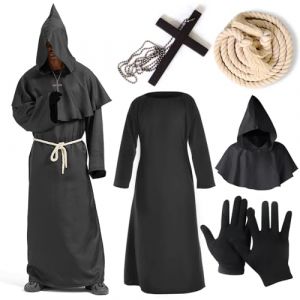 YADODO Deguisement Moine Adulte Homme Robe de Moine Pr&ecirc;tre Cape &agrave; Capuchon avec Croix Ceinture Costume Pr&ecirc;tre D&eacute;guisement d'Halloween Homme Costume de Moine Medieval pour Halloween (Noir, L) (YADODO, neuf)
