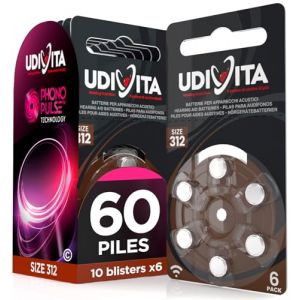 Lot de 60 Piles pour appareils auditifs de Taille 312 Piles Brunes &agrave; Longue dur&eacute;e avec Technologie Phono Pulse &ndash; 10 Ampoules de 6 Piles (Eurocali, neuf)