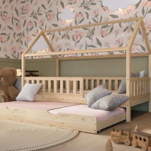 Crazy Pine Crazy Blanco Lit maison avec Tiroir fonction couchage, 120 x 200 cm, en bois naturel, avec protection anti-chute, design scandinave, lit Montessori avec tiroir avec fonction couchage (Crazy Pine, neuf)