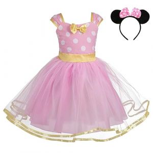 Lito Angels Deguisement Robe Princesse Minnie Bebe Fille, Anniversaire Fete Halloween Carnaval, avec Oreilles de Souris Serre-tete, Taille 12-24 mois, Pois Rose (étiquette en tissu 100) (Lito Angels FR, neuf)