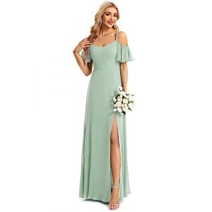 Ever-Pretty Robe de Soir&eacute;e Longue Femme &Eacute;paules D&eacute;nud&eacute;es &agrave; Bretelles &agrave; Volants Fendue en Mousseline Fluide Verte Menthe 34 (Ever-Pretty Plus, neuf)