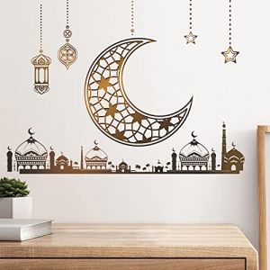 Ramadan Stickers Muraux Décoration Murale Eid Mubarak Art Mural Décoration PVC Sticker Mural Etoile Lanterne de Lune Autocollant Miroir Islamique Décoration Murale pour Maison Chambre A (Meema EU, neuf)