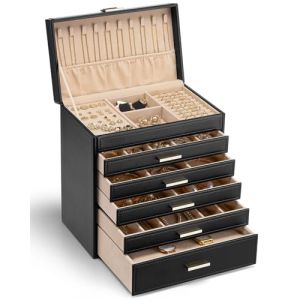 Vlando Grande boîte à bijoux moderne à 6 niveaux - Boîte à bijoux spacieuse pour femme - Pour boucles d'oreilles, bagues, bijoux - Avec tiroirs, miroir, coussin de montre - Idée cadeau - Noir (Vlando-EU, neuf)