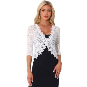 Allegra K Bol&eacute;ro en Dentelle Florale Femme Manches 3/4 &Eacute;l&eacute;gant Cardigan Court Transparent Gilet L&eacute;ger pour Invit&eacute; de Maraige Blanc L (Allegra K FASHION, neuf)