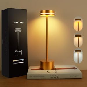 VKH Lampe de chevet LED sans fil dorée,Lampe de table moderne en métal avec éclairage 3 couleurs, tactile et rechargeable USB-C, pour chambre, salon, bureau ou table à manger (GRAA REOEG, neuf)