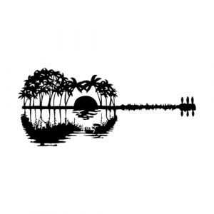 Autocollant mural pour guitare, palmier, &icirc;le, arbres, coucher de soleil, chambre de b&eacute;b&eacute;, chambre d'enfant, reflet sur l'eau, lever de soleil, nature, paysage-S-25x56cm-Black (LIUJIAHAO Sticker, neuf)